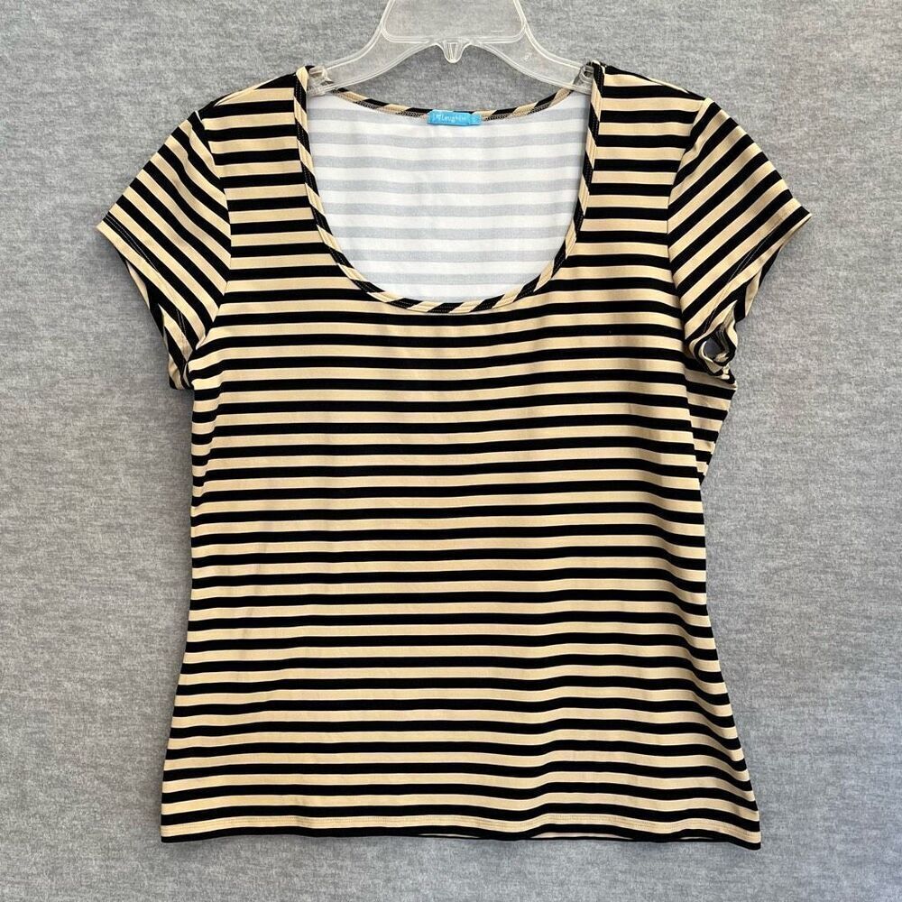 J McLaughlin Catalina Cloth Striped Tee Womens Large Beige Black Preppy Top Crew - Picture 9 of 9